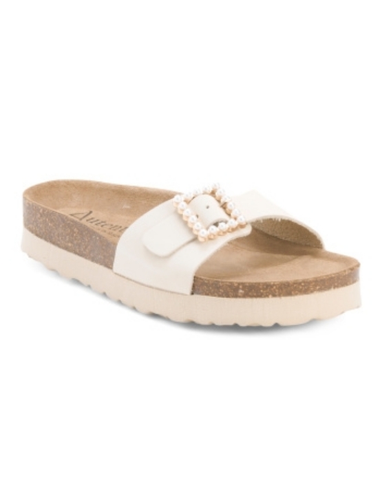 Autenti Shoes Shoes - AUTENTI Beige Cream Pearl Buckle Leather Slide Comfort Sandal Size 41